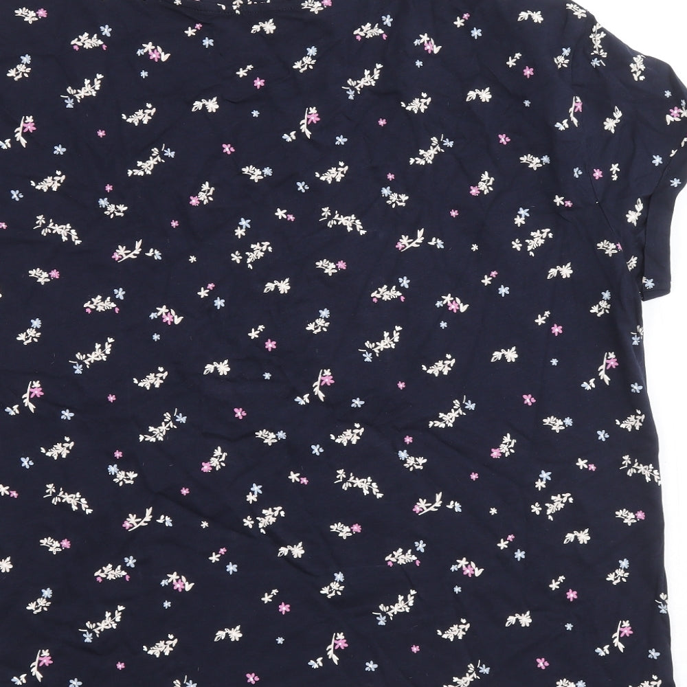 Marks and Spencer Womens Blue Floral 100% Cotton Basic T-Shirt Size L Round Neck