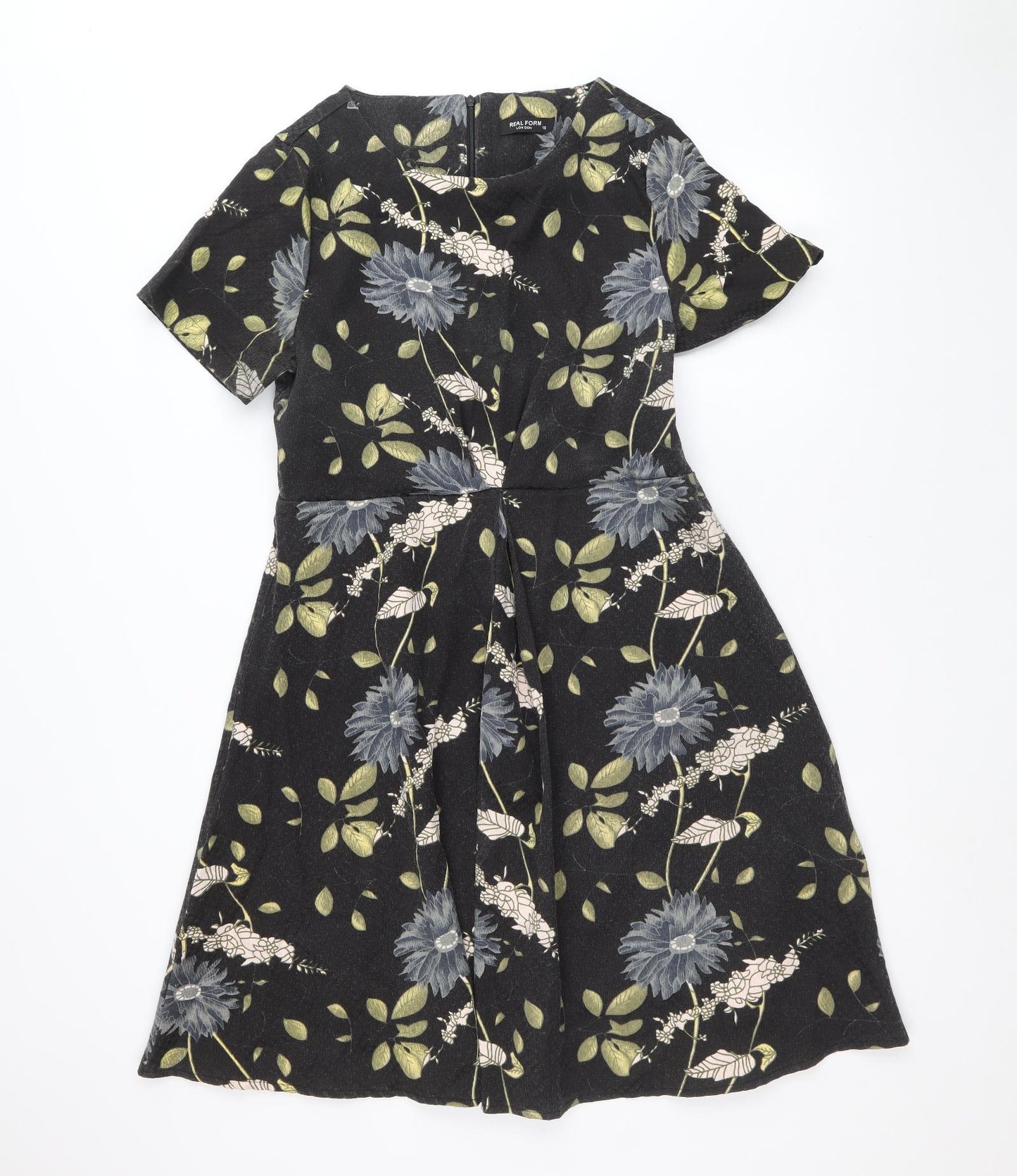 Real Form Womens Black Floral Polyester A-Line Size 16 Scoop Neck Zip
