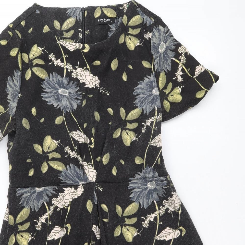 Real Form Womens Black Floral Polyester A-Line Size 16 Scoop Neck Zip