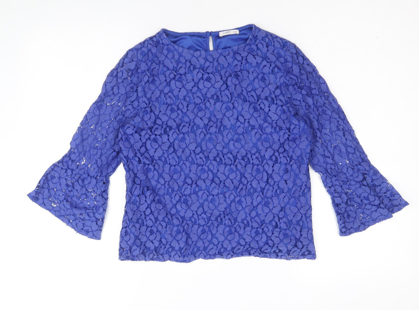 Filanto Womens Blue Floral Polyester Basic Blouse Size S Round Neck
