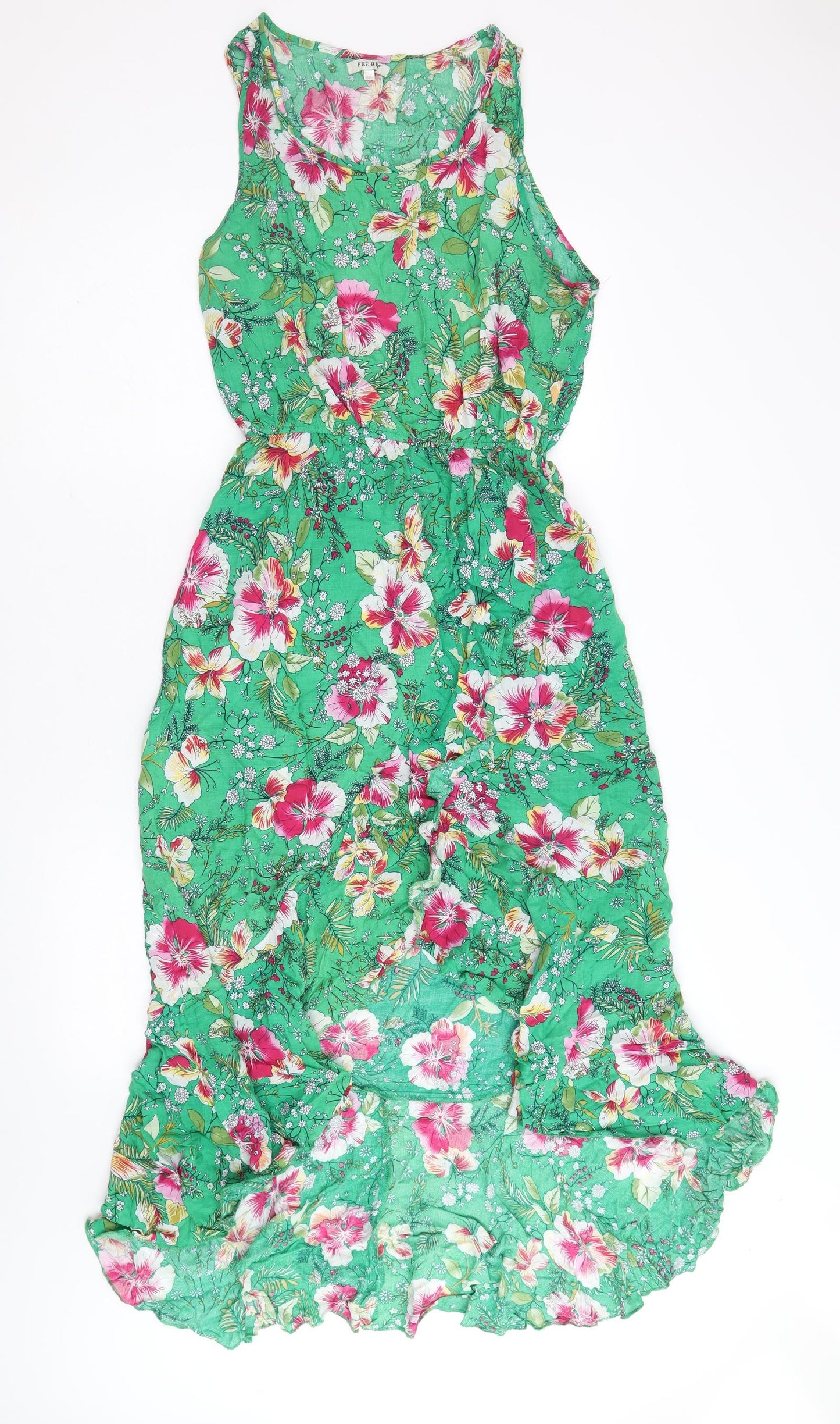 Fee Red Womens Green Floral 100% Cotton Fit & Flare Size S Scoop Neck Pullover - Size S-M