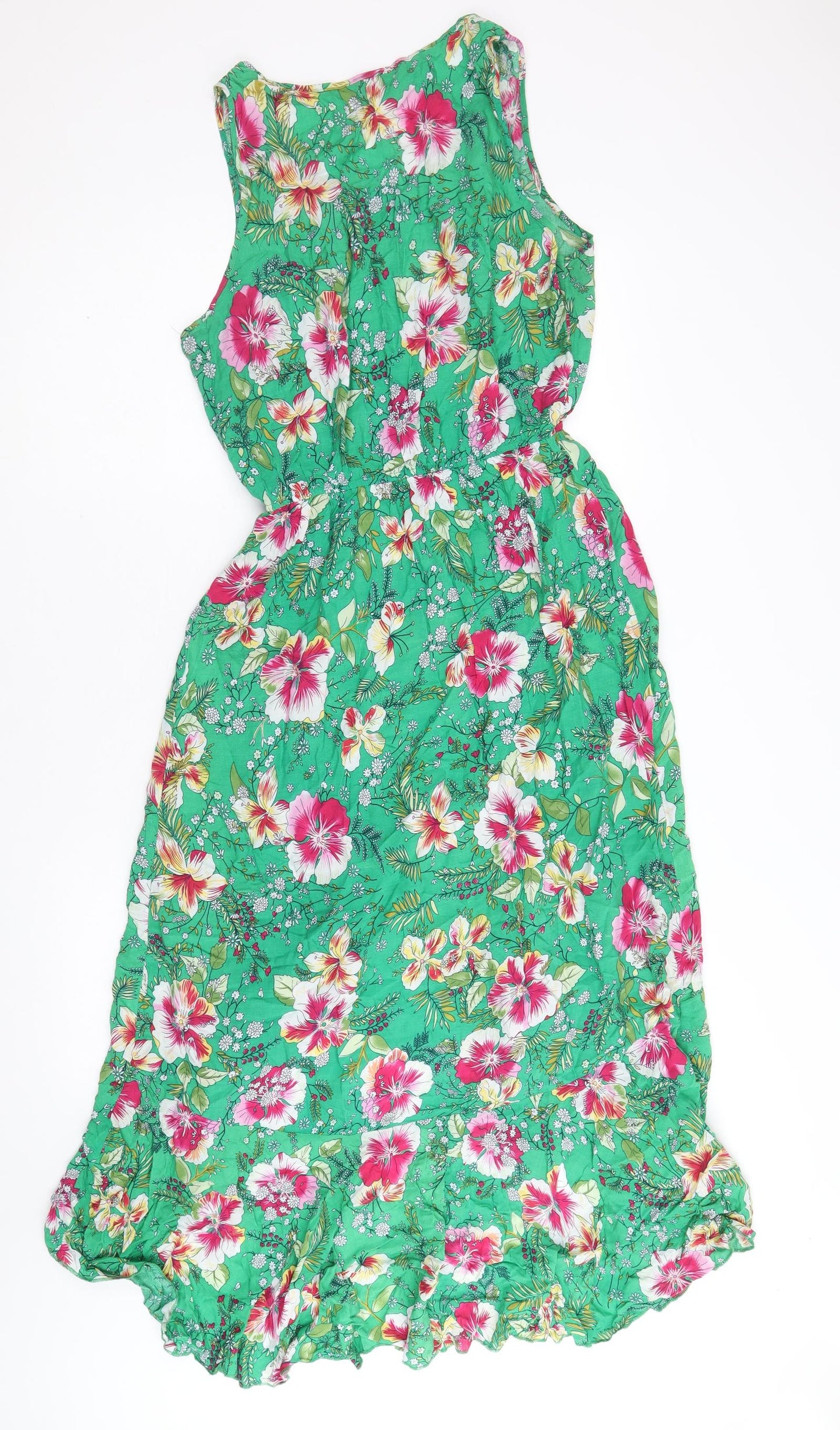 Fee Red Womens Green Floral 100% Cotton Fit & Flare Size S Scoop Neck Pullover - Size S-M
