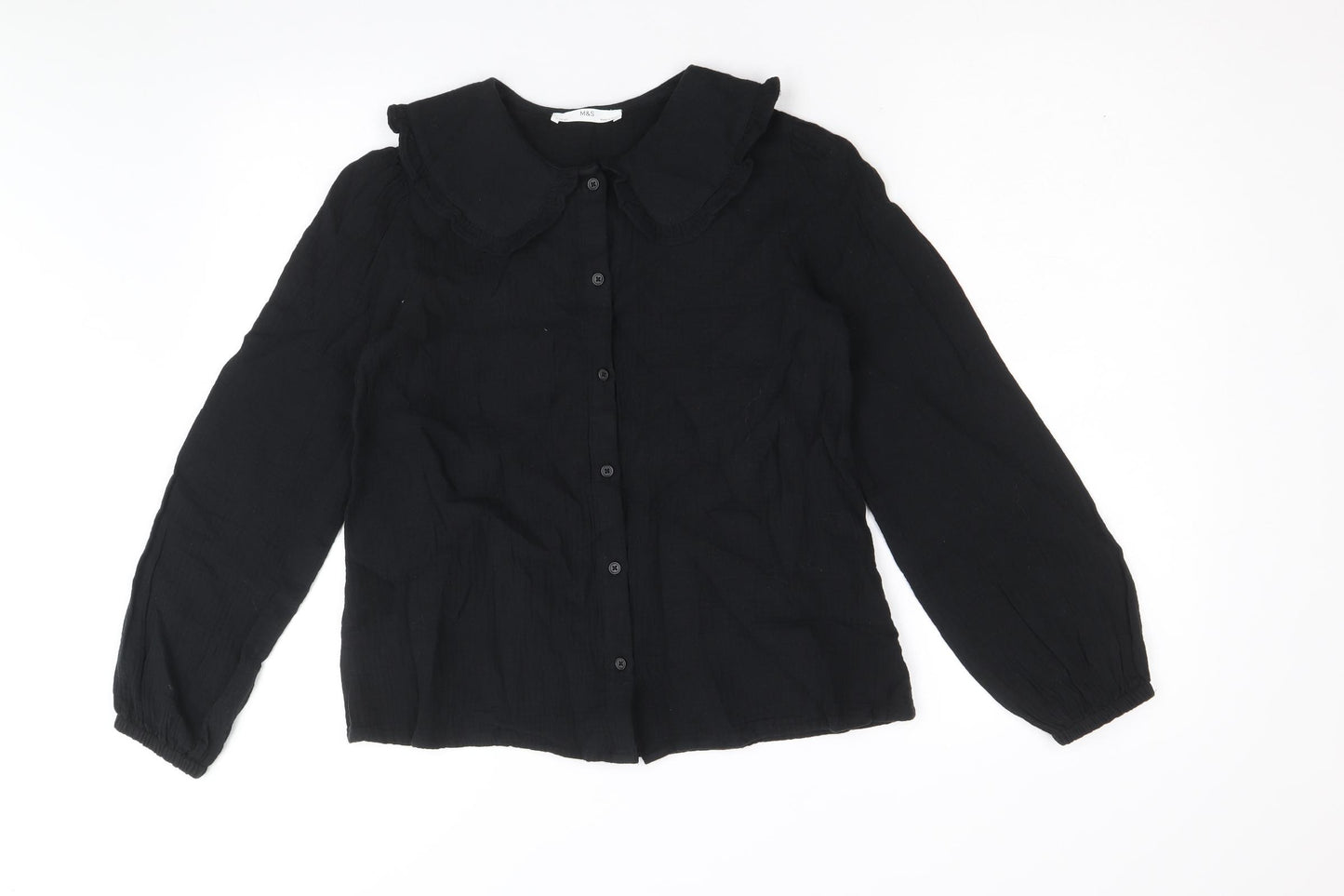 Marks and Spencer Girls Black 100% Cotton Basic Button-Up Size 11-12 Years Collared Button - Peter Pan Collar