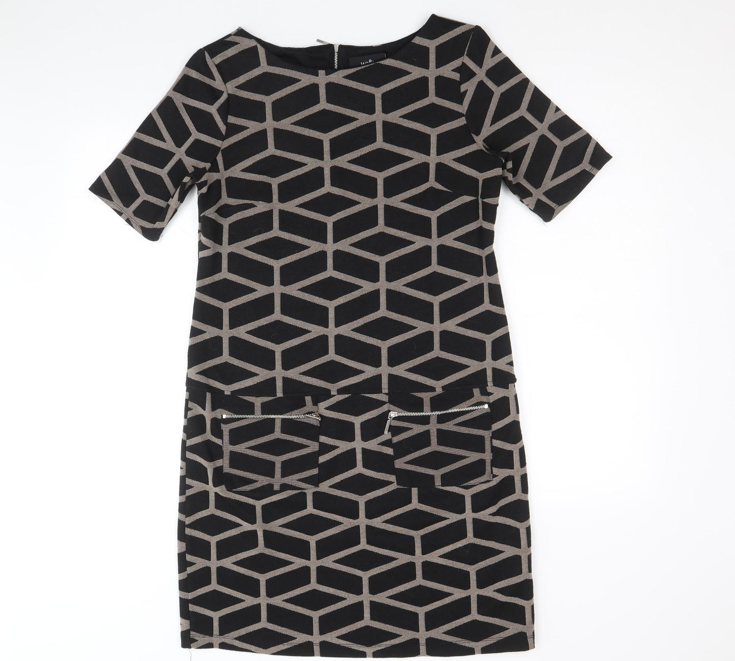 Wallis Womens Black Geometric Polyester A-Line Size 10 Round Neck Zip