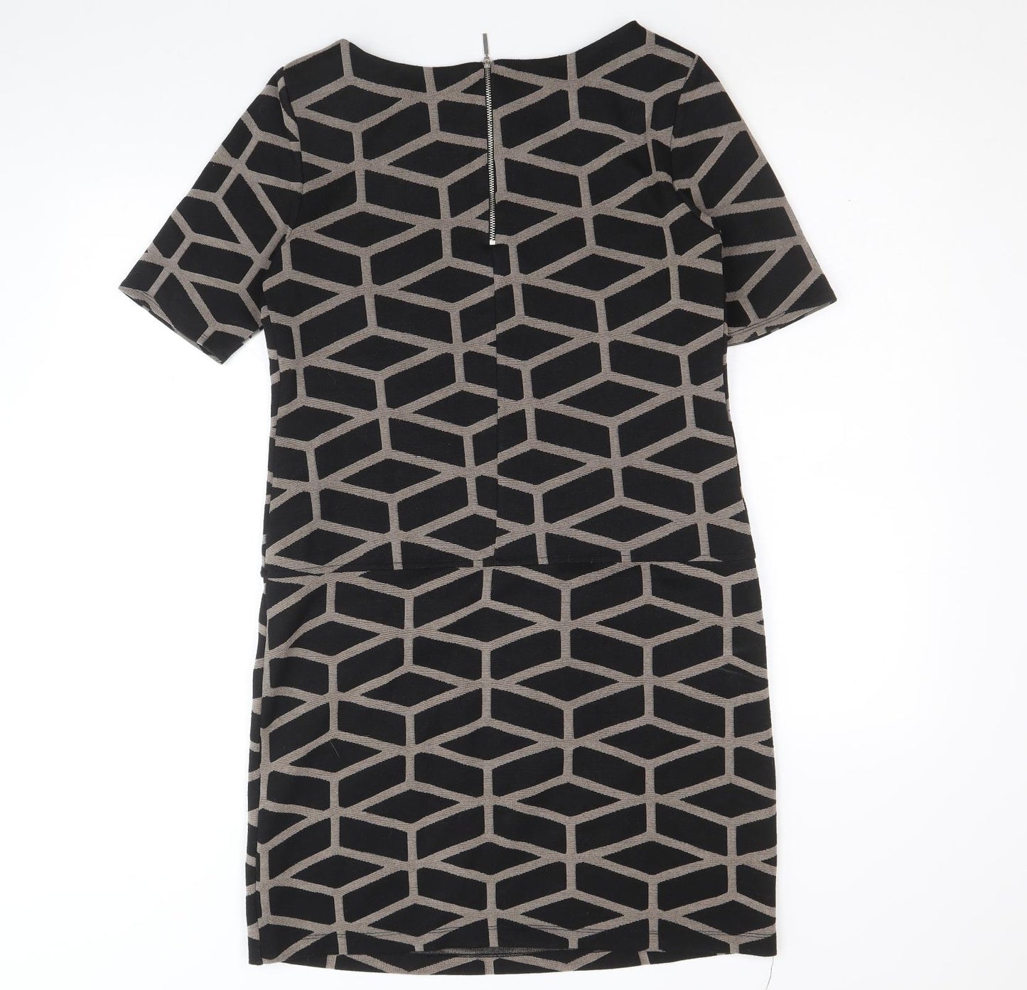 Wallis Womens Black Geometric Polyester A-Line Size 10 Round Neck Zip