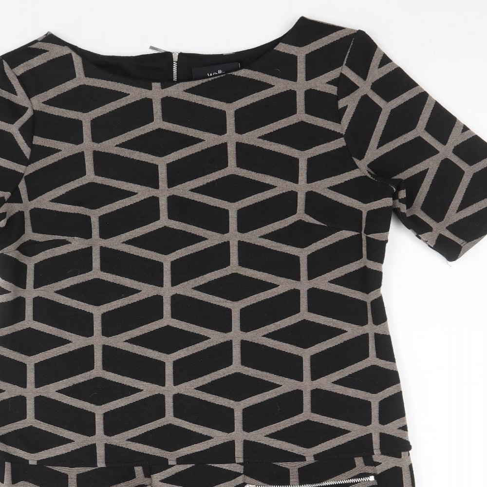 Wallis Womens Black Geometric Polyester A-Line Size 10 Round Neck Zip