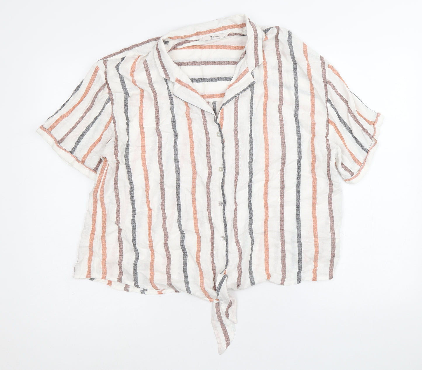 TU Womens Beige Striped Viscose Basic Button-Up Size 14 Collared - Knot Front