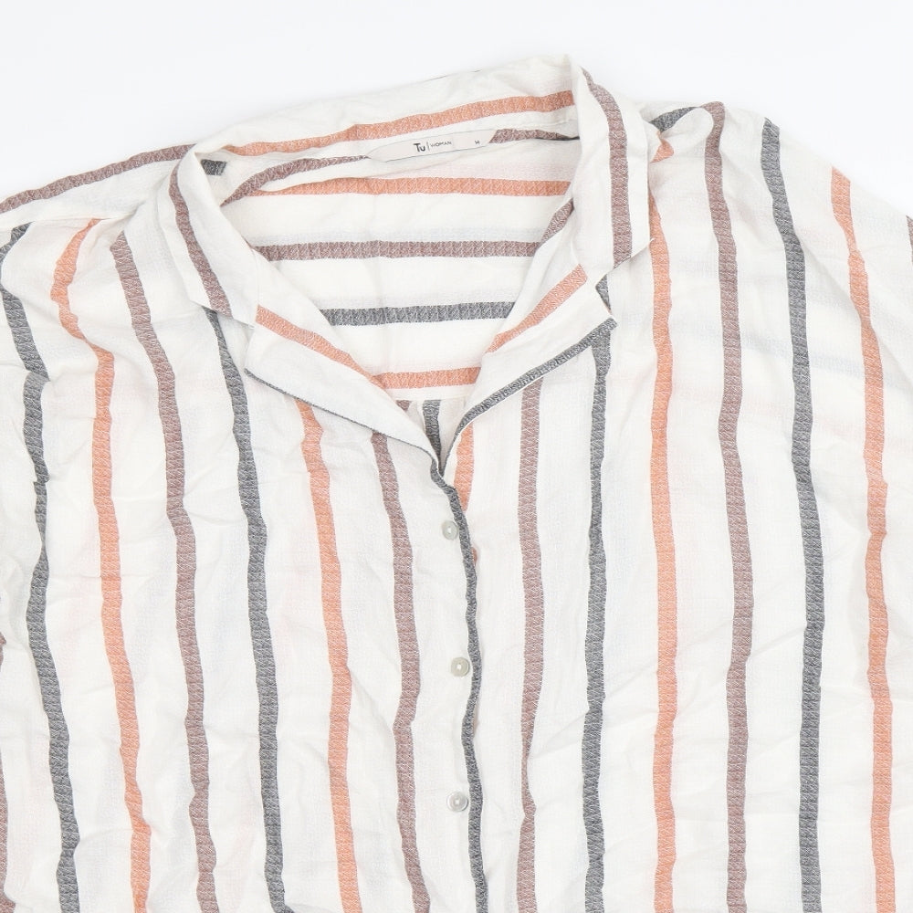 TU Womens Beige Striped Viscose Basic Button-Up Size 14 Collared - Knot Front