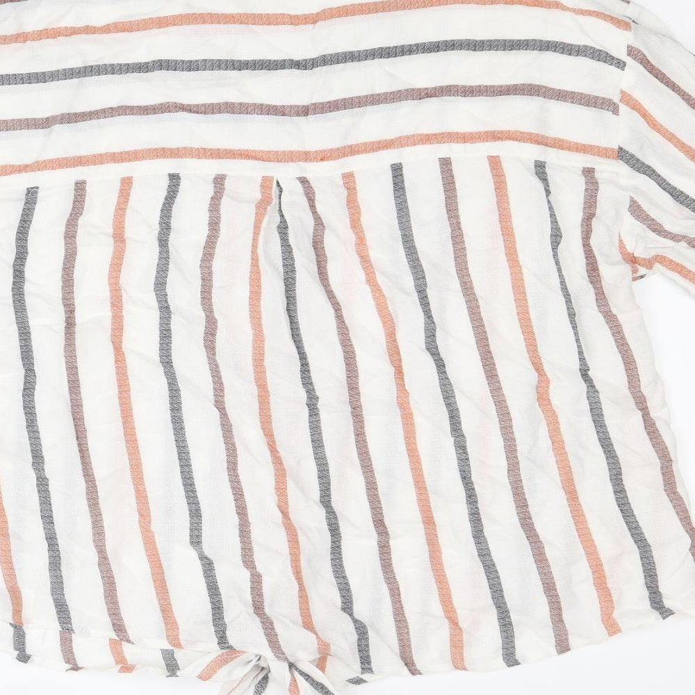 TU Womens Beige Striped Viscose Basic Button-Up Size 14 Collared - Knot Front