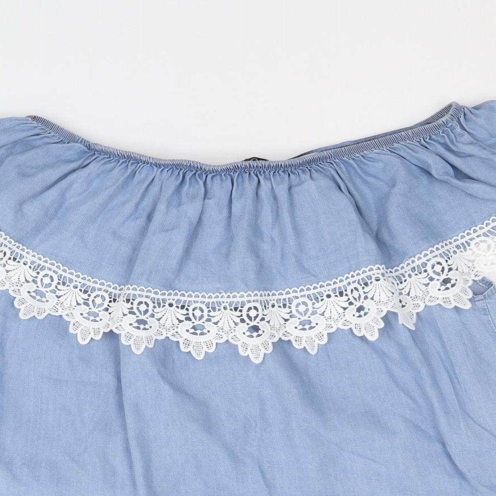 Quiz Womens Blue 100% Cotton Basic Blouse Size L Off the Shoulder