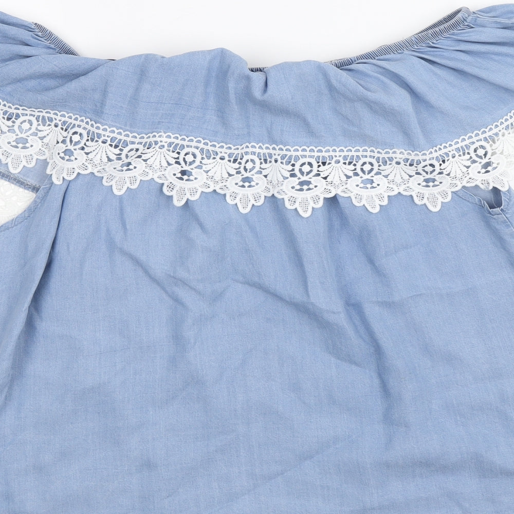 Quiz Womens Blue 100% Cotton Basic Blouse Size L Off the Shoulder