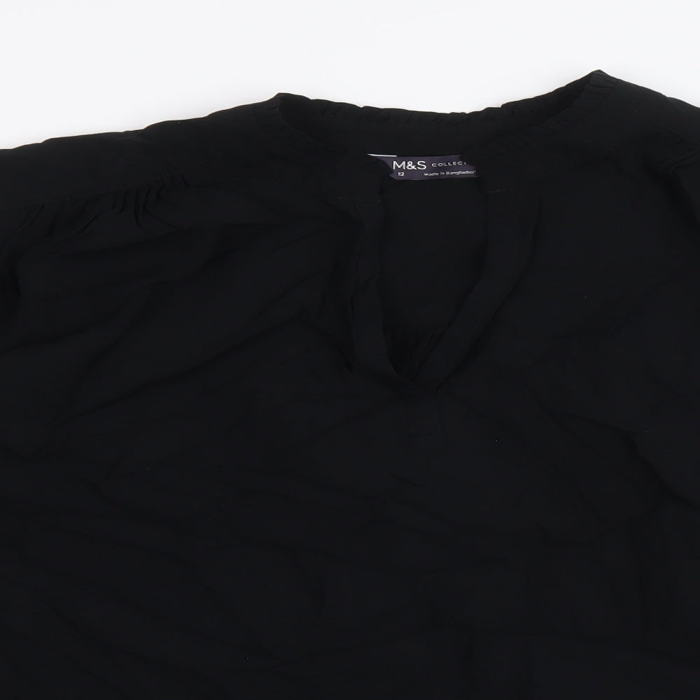 Marks and Spencer Womens Black Viscose Basic Blouse Size 12 V-Neck