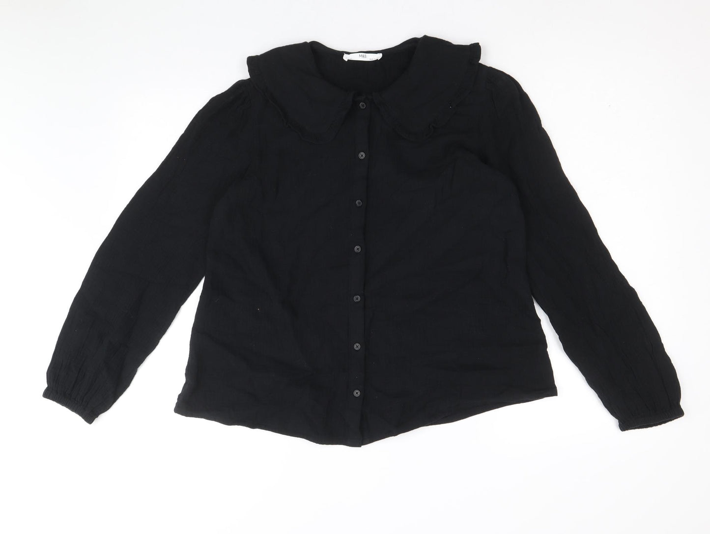 Marks and Spencer Girls Black 100% Cotton Basic Button-Up Size 13-14 Years Collared Button - Peter Pan Collar