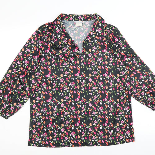 Blair Womens Black Floral Polyester Basic Blouse Size M Collared