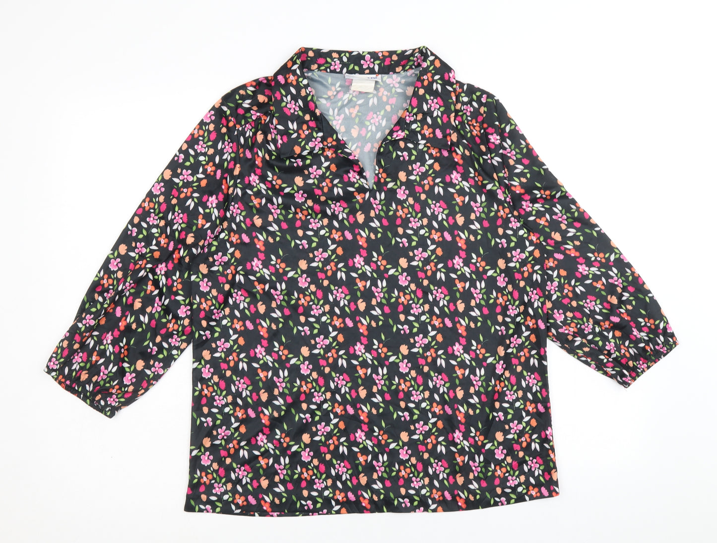 Blair Womens Black Floral Polyester Basic Blouse Size M Collared