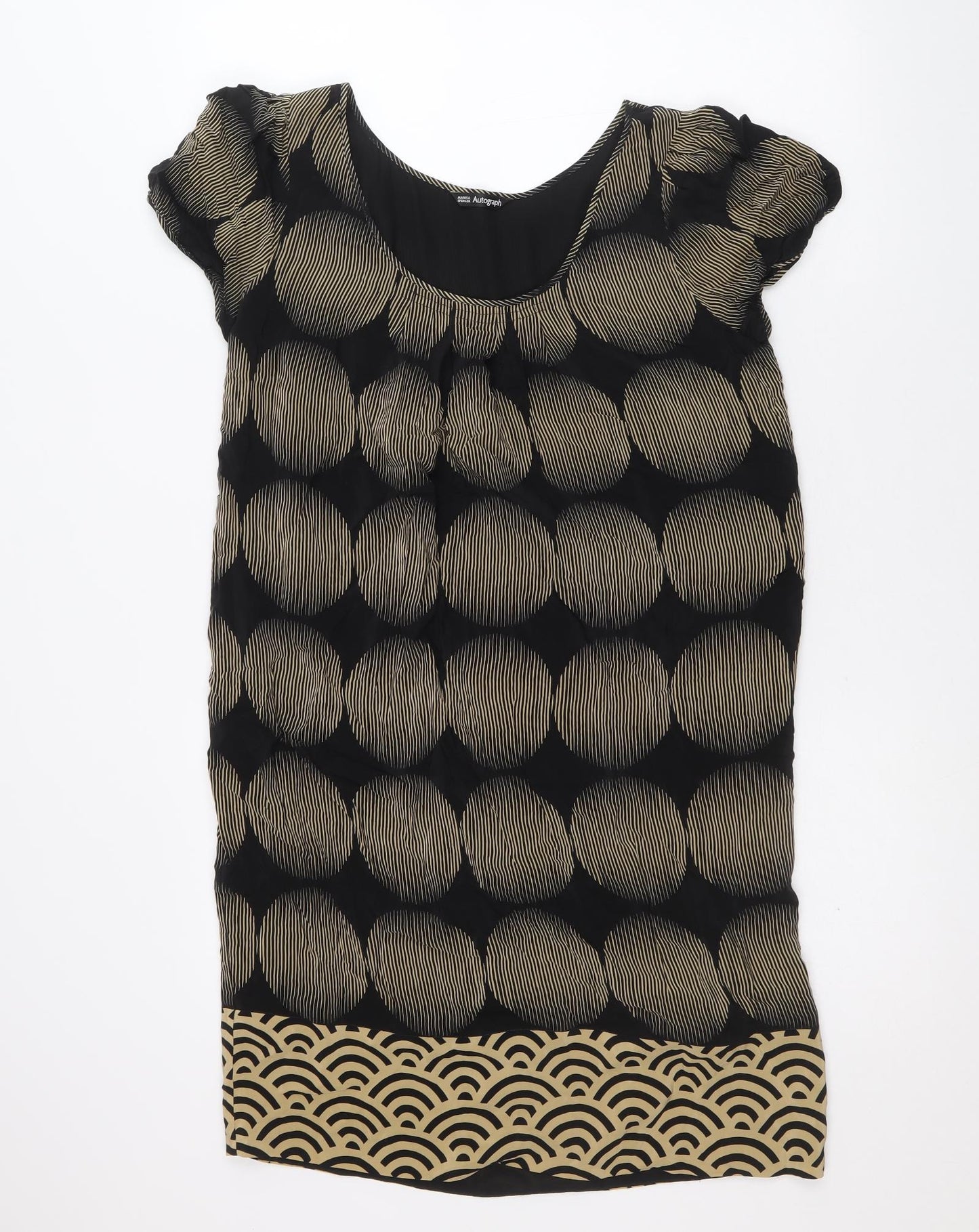 Autograph Womens Black Geometric Silk A-Line Size 10 Round Neck Pullover