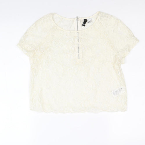 Divided by H&M Womens Ivory Floral Polyester Basic T-Shirt Size 10 Round Neck