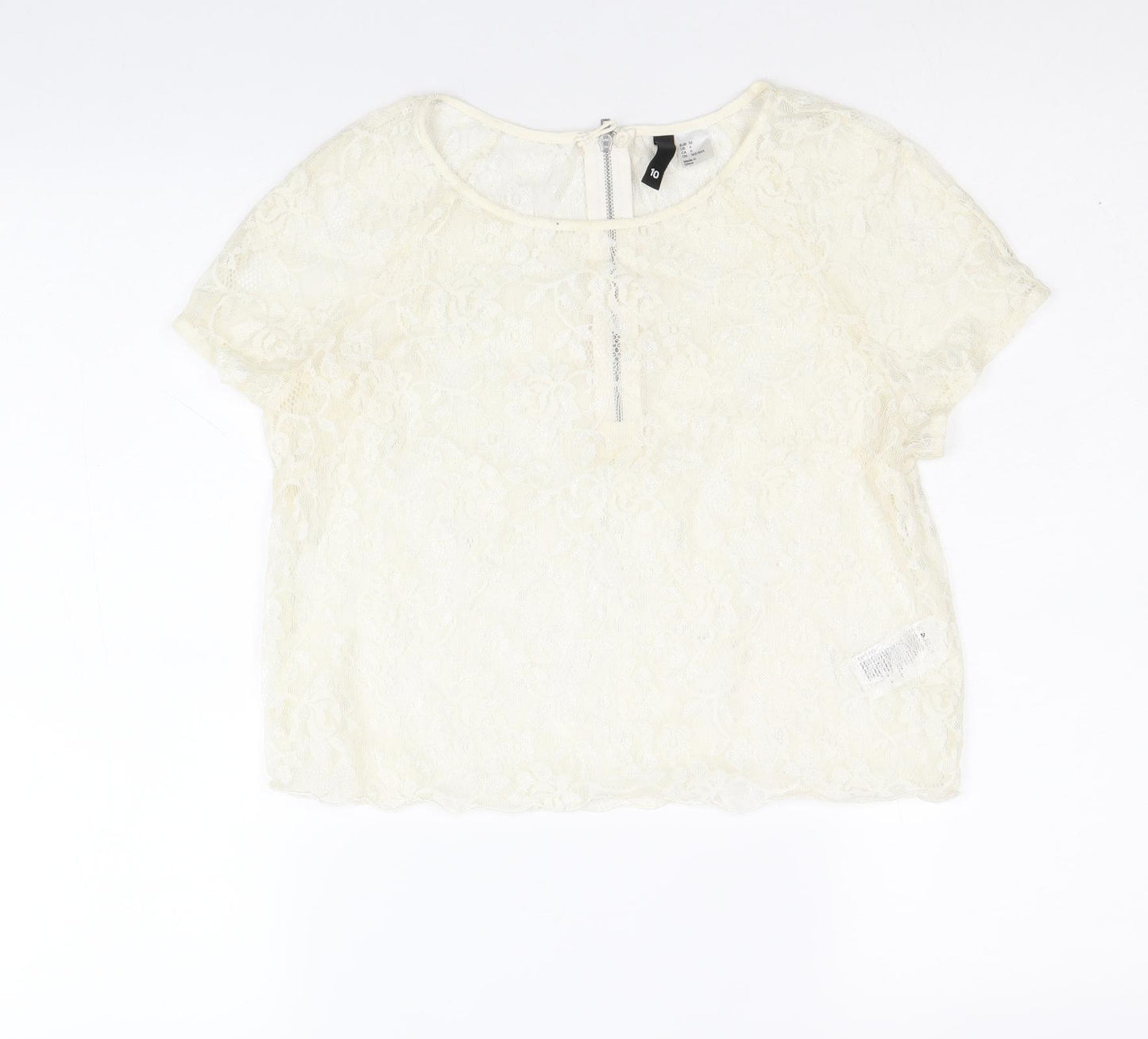 Divided by H&M Womens Ivory Floral Polyester Basic T-Shirt Size 10 Round Neck