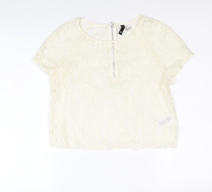 Divided by H&M Womens Ivory Floral Polyester Basic T-Shirt Size 10 Round Neck