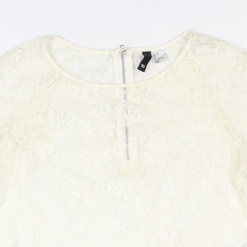 Divided by H&M Womens Ivory Floral Polyester Basic T-Shirt Size 10 Round Neck