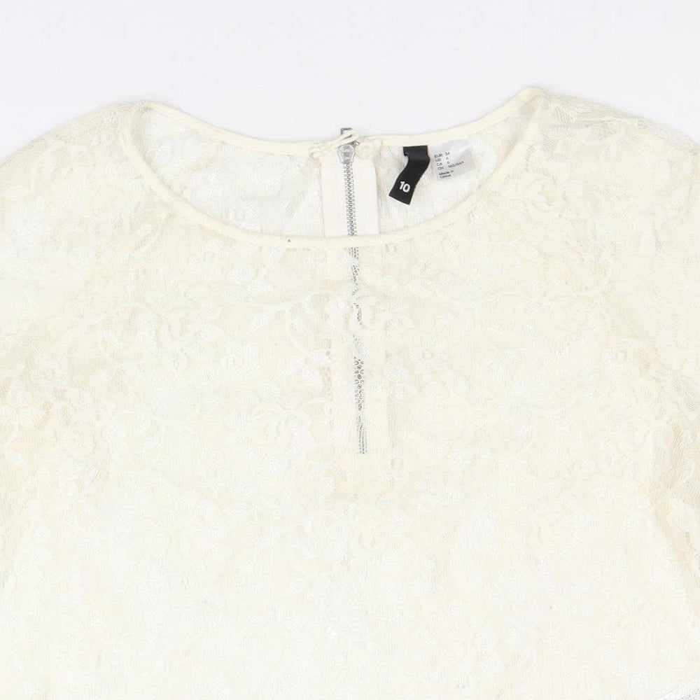 Divided by H&M Womens Ivory Floral Polyester Basic T-Shirt Size 10 Round Neck