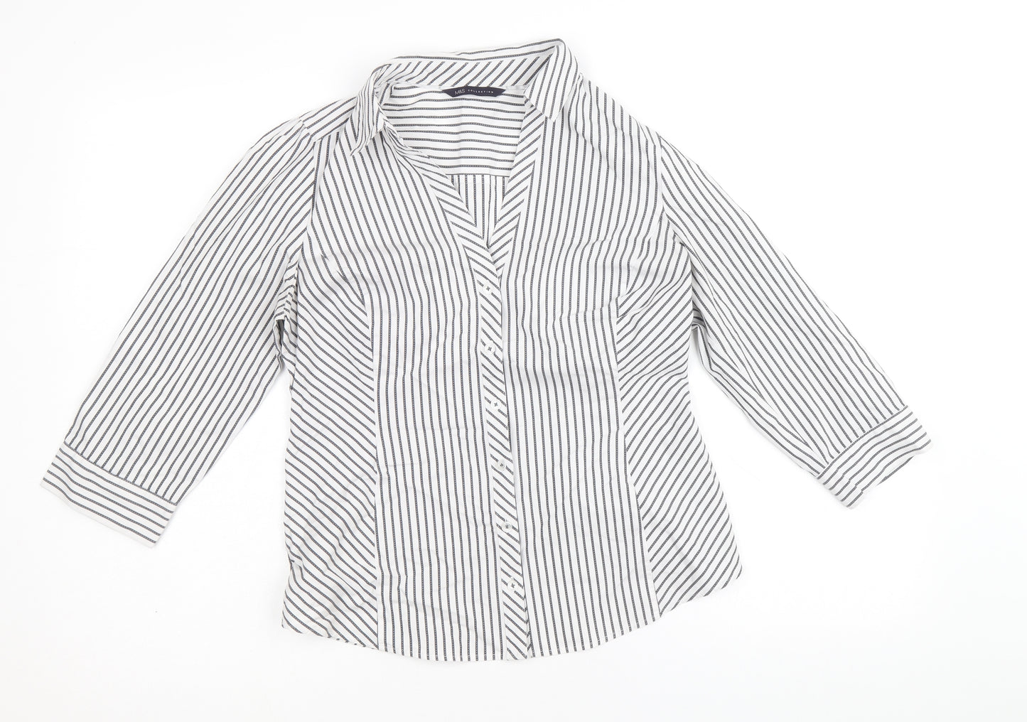 Marks and Spencer Womens White Striped Cotton Basic Button-Up Size 10 Collared