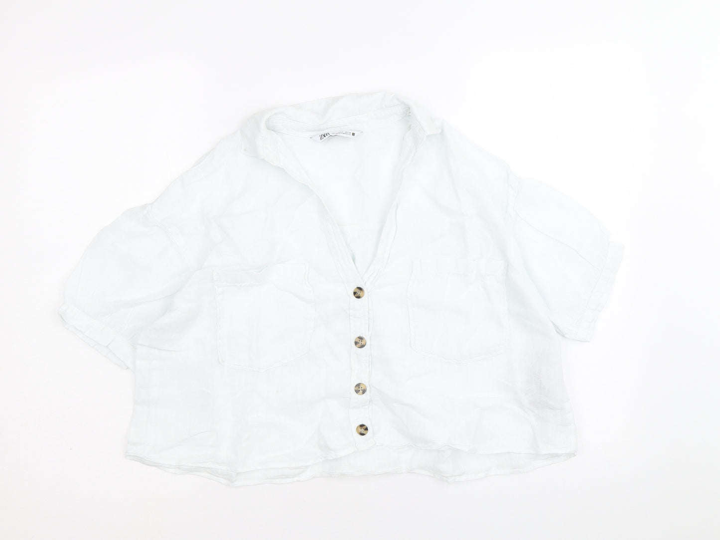 Zara Womens White Linen Cropped Button-Up Size S Collared