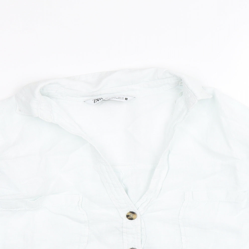 Zara Womens White Linen Cropped Button-Up Size S Collared