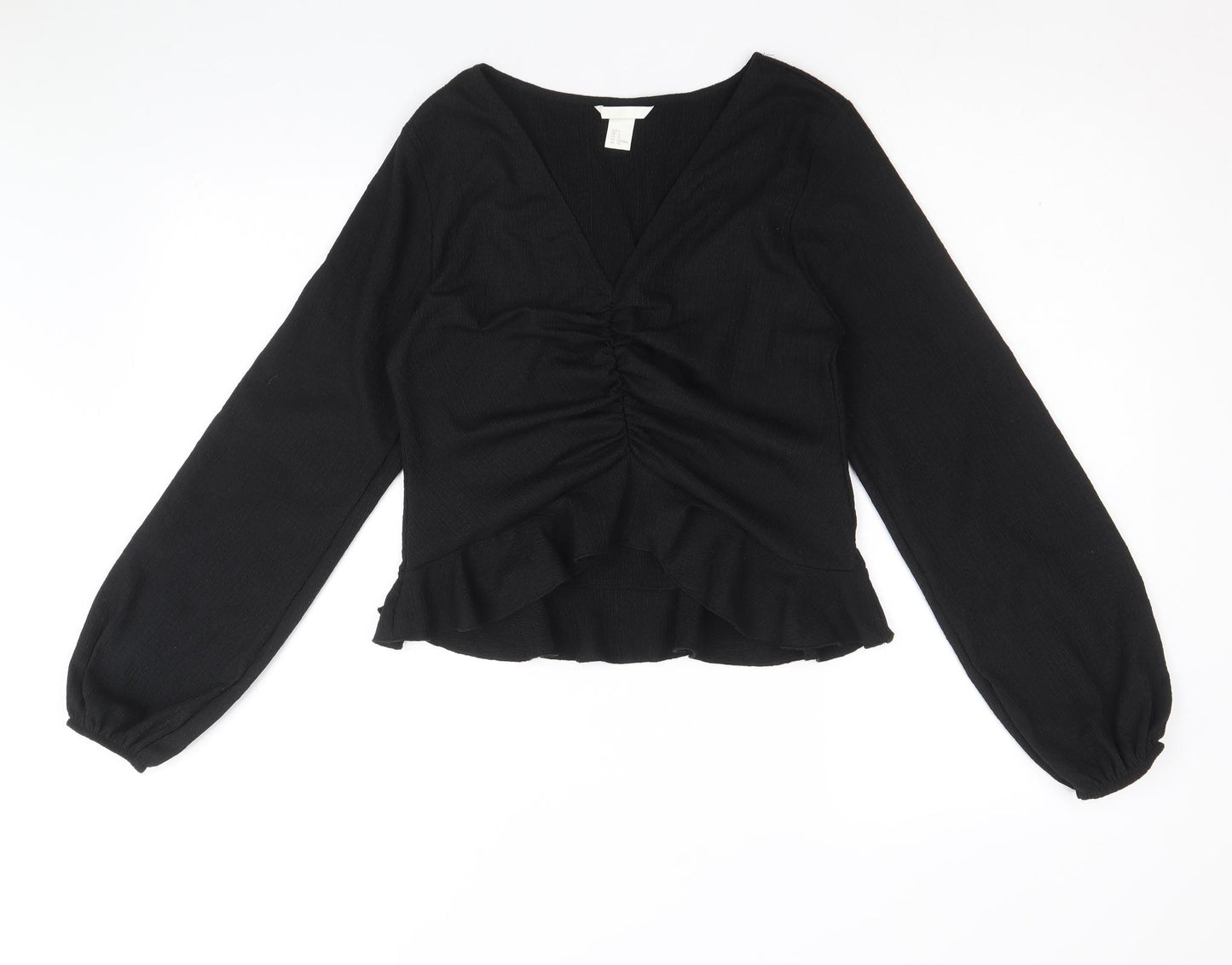 H&M Womens Black Polyester Cropped Blouse Size S V-Neck - Front Ruched