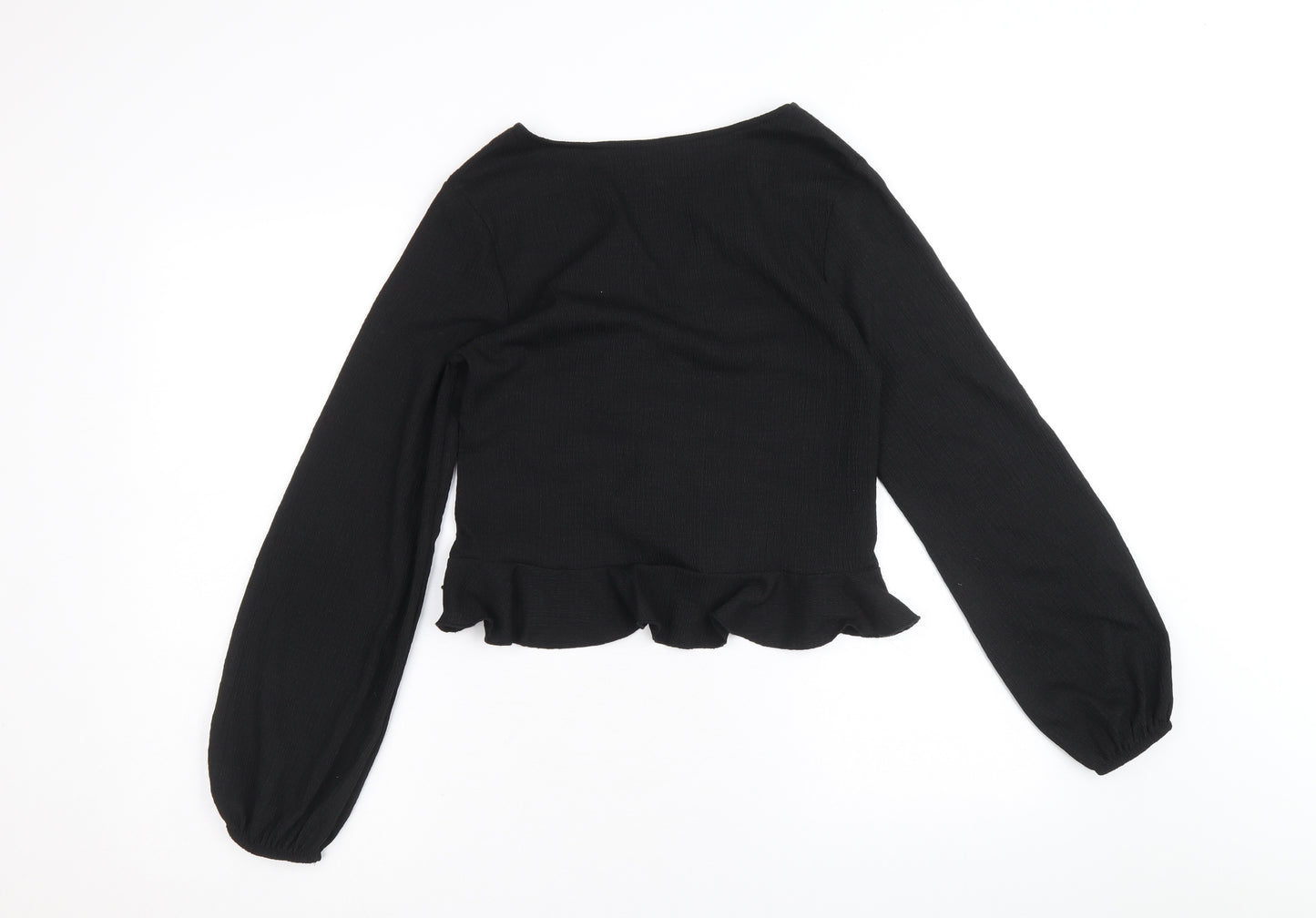 H&M Womens Black Polyester Cropped Blouse Size S V-Neck - Front Ruched