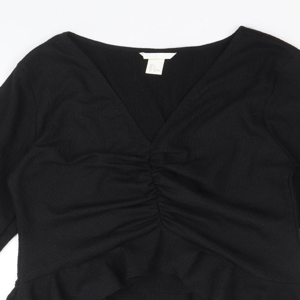H&M Womens Black Polyester Cropped Blouse Size S V-Neck - Front Ruched