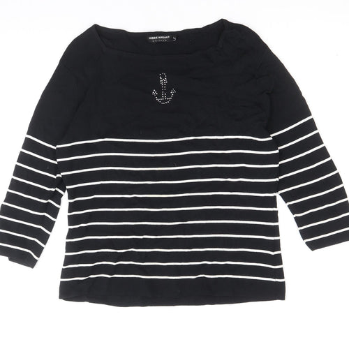 Debbie Morgan Womens Black Scoop Neck Striped Viscose Pullover Jumper Size L