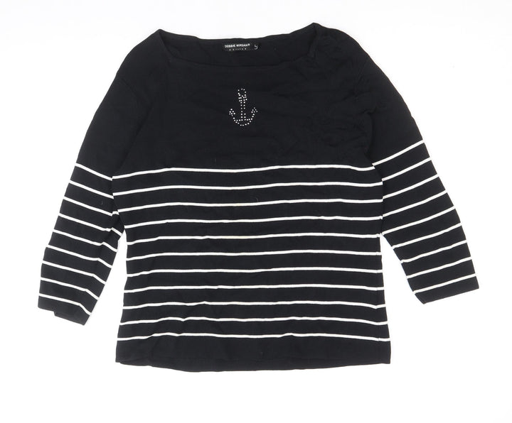 Debbie Morgan Womens Black Scoop Neck Striped Viscose Pullover Jumper Size L