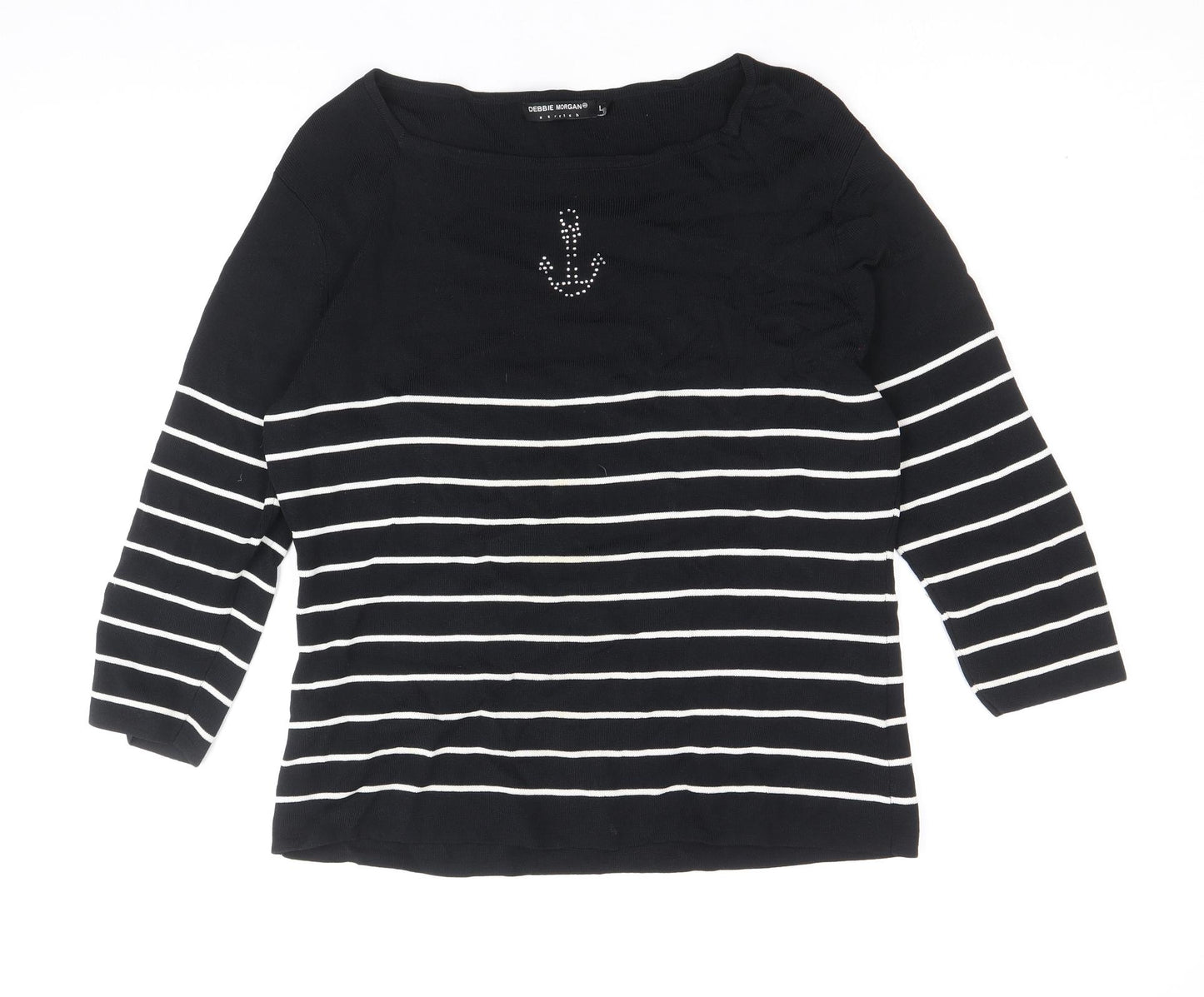 Debbie Morgan Womens Black Scoop Neck Striped Viscose Pullover Jumper Size L