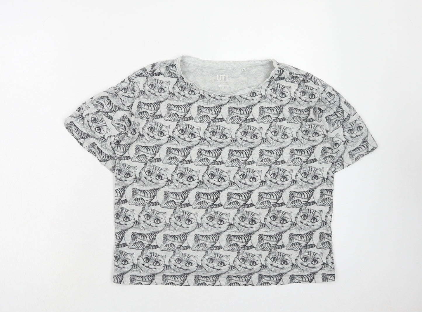 Uniqlo Womens Grey Geometric Cotton Basic T-Shirt Size M Round Neck - Cheshire Cat