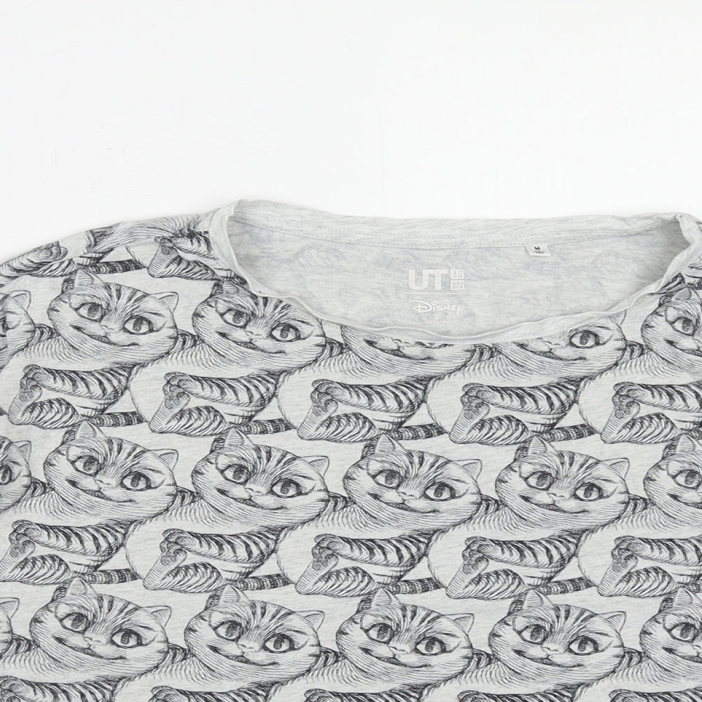 Uniqlo Womens Grey Geometric Cotton Basic T-Shirt Size M Round Neck - Cheshire Cat