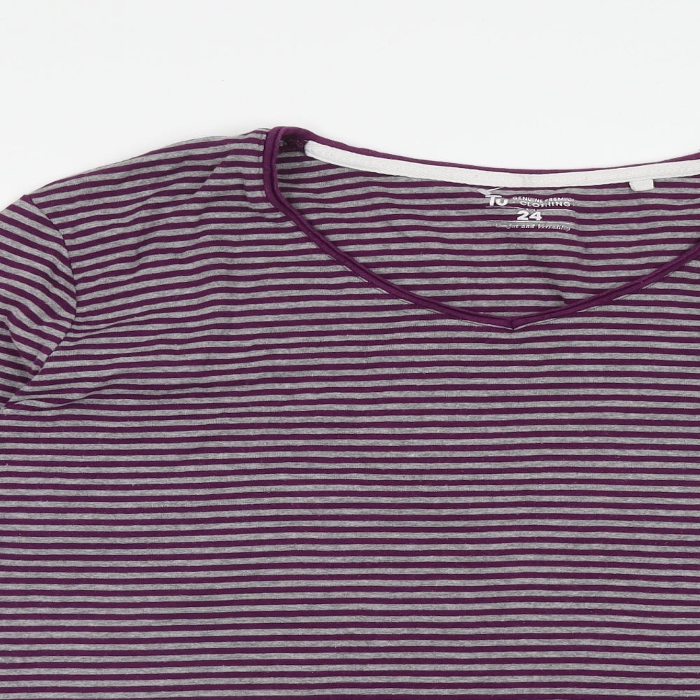 TU Womens Purple Striped Cotton Basic T-Shirt Size 24 V-Neck