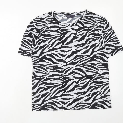 Marks and Spencer Womens Black Animal Print Polyester Basic T-Shirt Size 8 Round Neck - Tiger Pattern