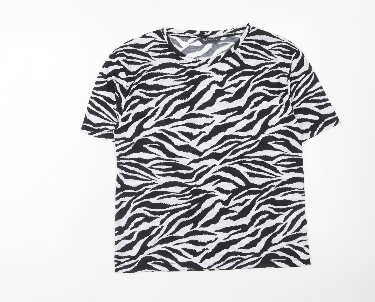 Marks and Spencer Womens Black Animal Print Polyester Basic T-Shirt Size 8 Round Neck - Tiger Pattern