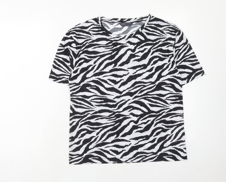 Marks and Spencer Womens Black Animal Print Polyester Basic T-Shirt Size 8 Round Neck - Tiger Pattern