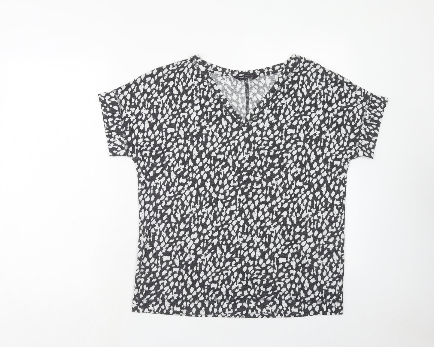 Marks and Spencer Womens Grey Geometric Linen Basic T-Shirt Size 10 V-Neck