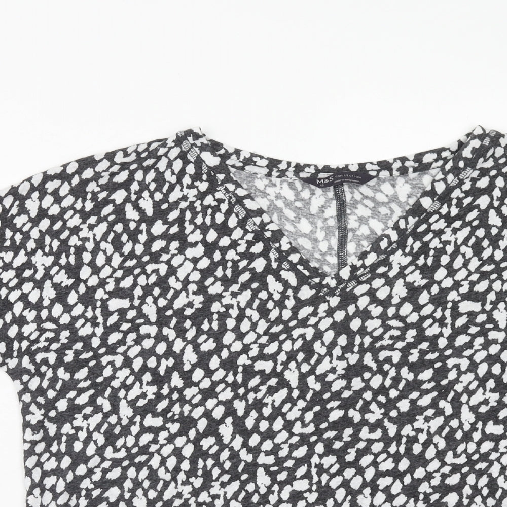 Marks and Spencer Womens Grey Geometric Linen Basic T-Shirt Size 10 V-Neck