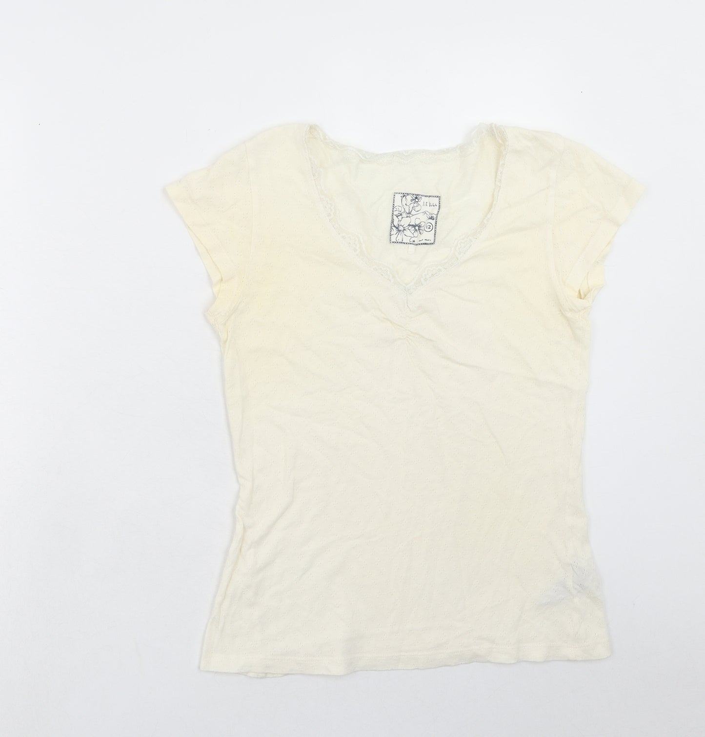 Fat Face Womens Ivory Cotton Basic T-Shirt Size 12 V-Neck