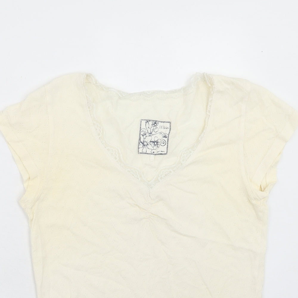 Fat Face Womens Ivory Cotton Basic T-Shirt Size 12 V-Neck