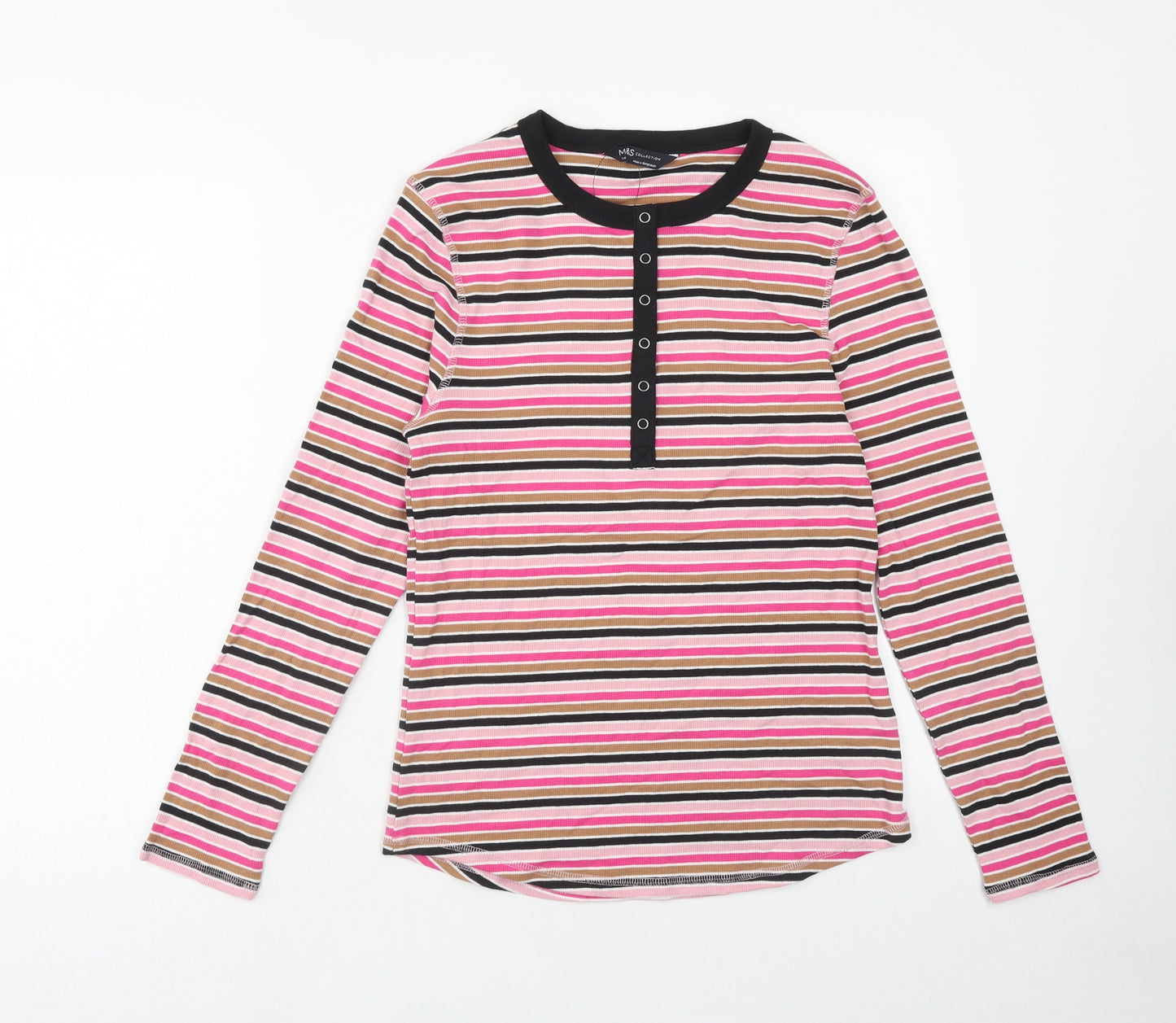 Marks and Spencer Womens Pink Striped Cotton Basic T-Shirt Size 14 Round Neck