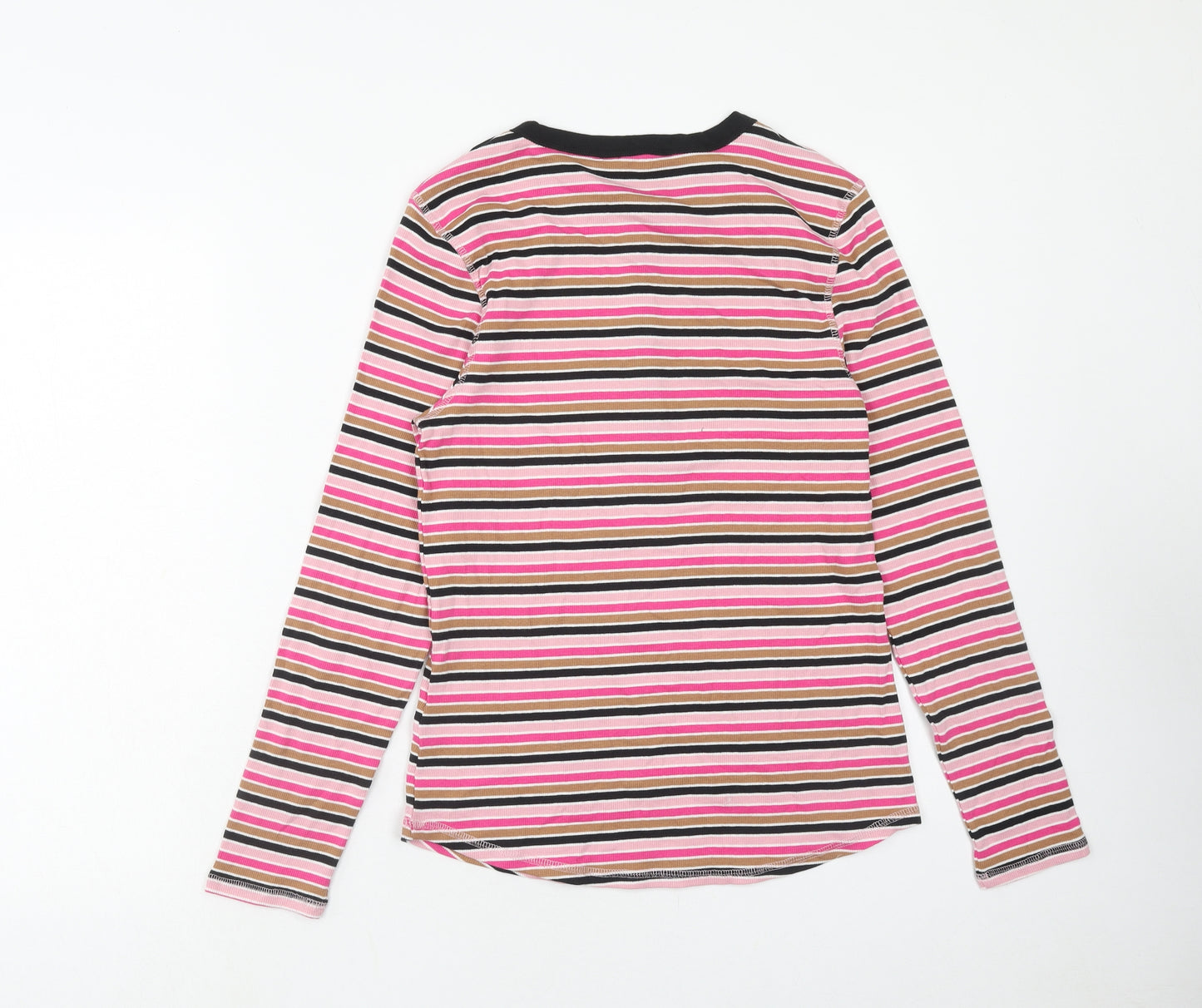 Marks and Spencer Womens Pink Striped Cotton Basic T-Shirt Size 14 Round Neck