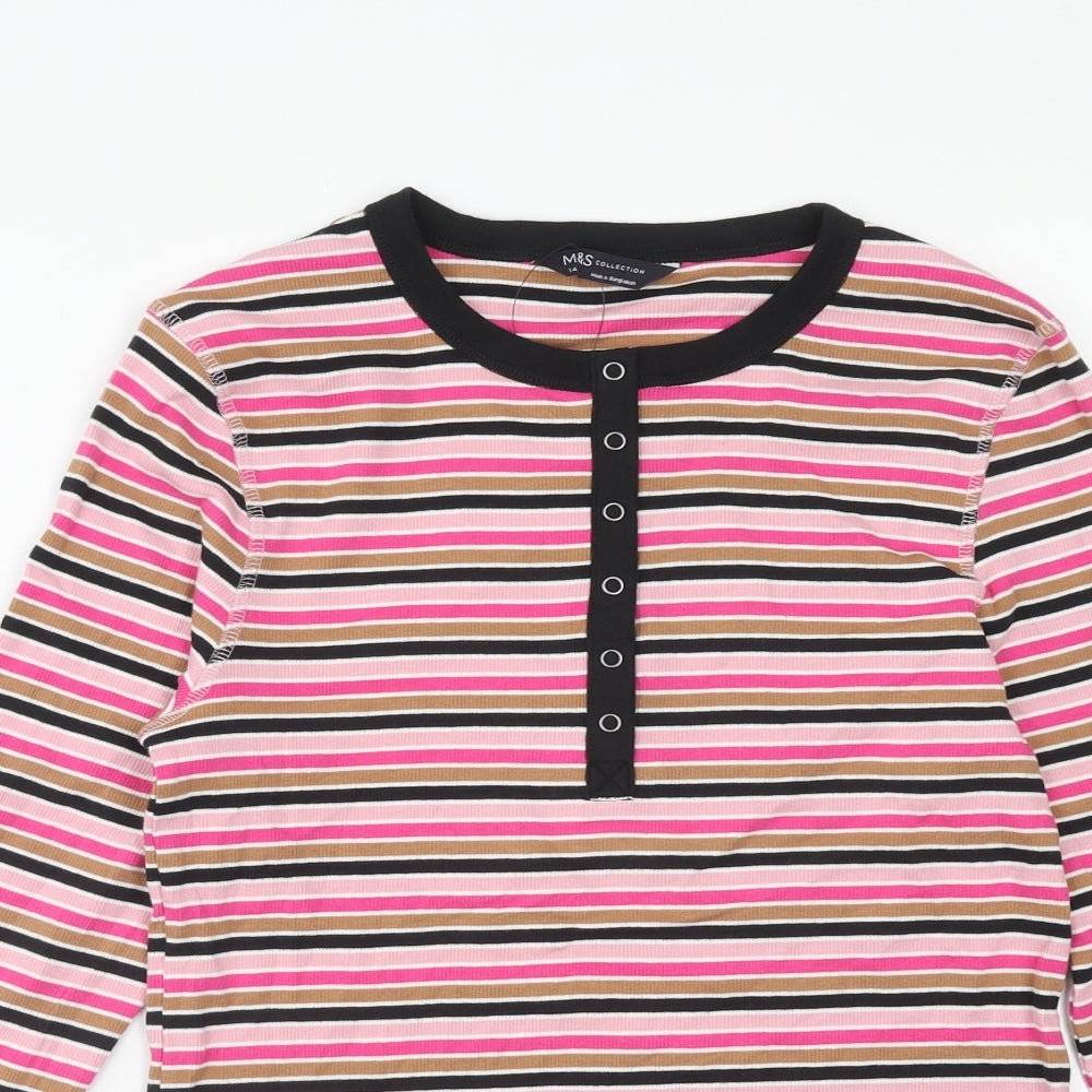 Marks and Spencer Womens Pink Striped Cotton Basic T-Shirt Size 14 Round Neck
