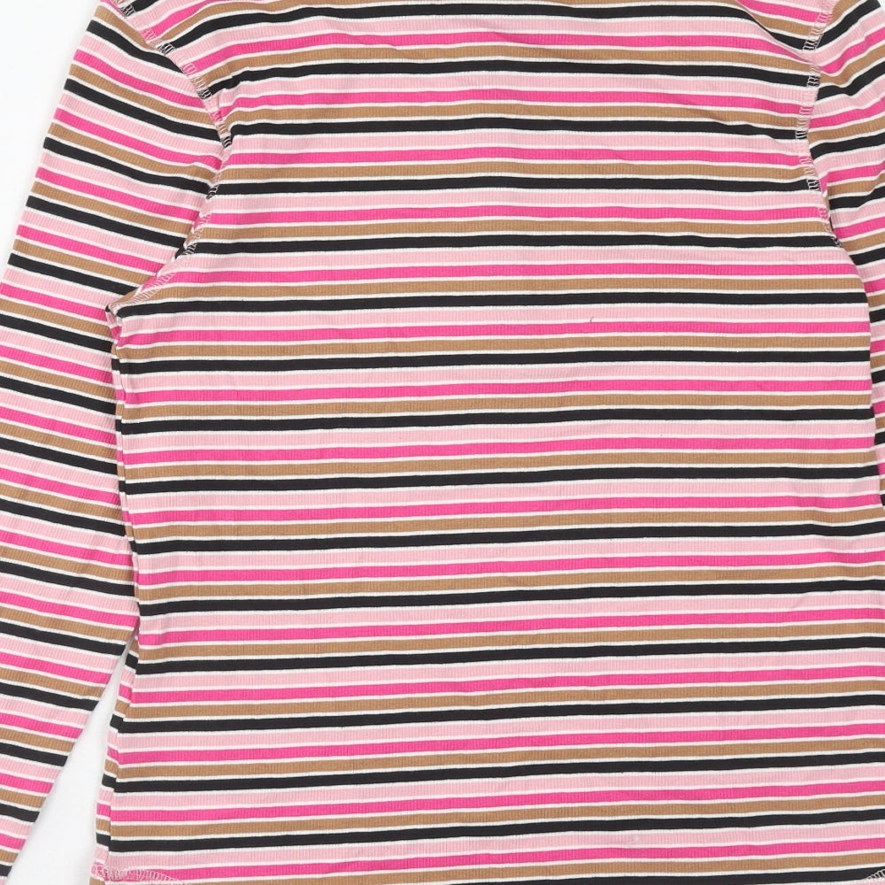 Marks and Spencer Womens Pink Striped Cotton Basic T-Shirt Size 14 Round Neck