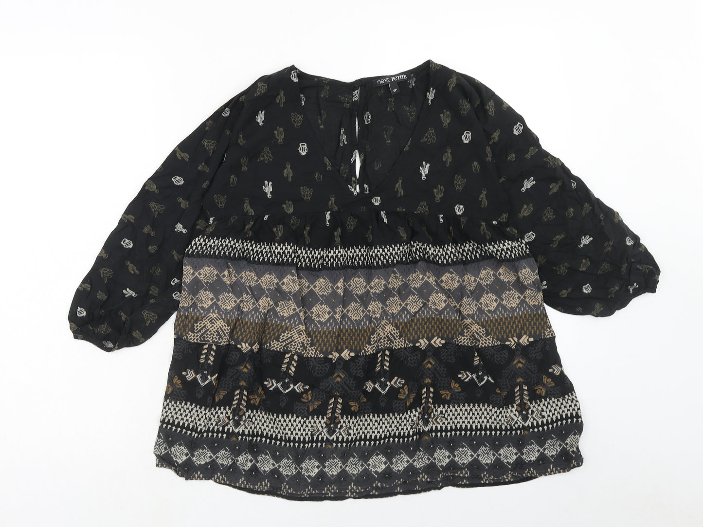 NEXT Womens Black Geometric Viscose Basic Blouse Size 8 V-Neck - Cactus