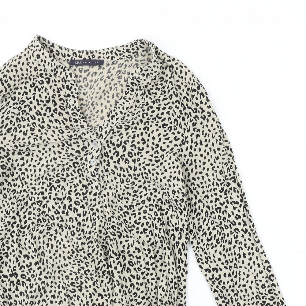 Marks and Spencer Womens Beige Animal Print Viscose Basic Blouse Size 6 V-Neck - Leopard Pattern